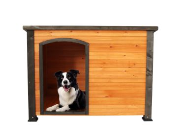 45"Dog House Outdoor and indoor wooden kennel, winter strap with elevated feet, large dog weatherproof (gold red and black)